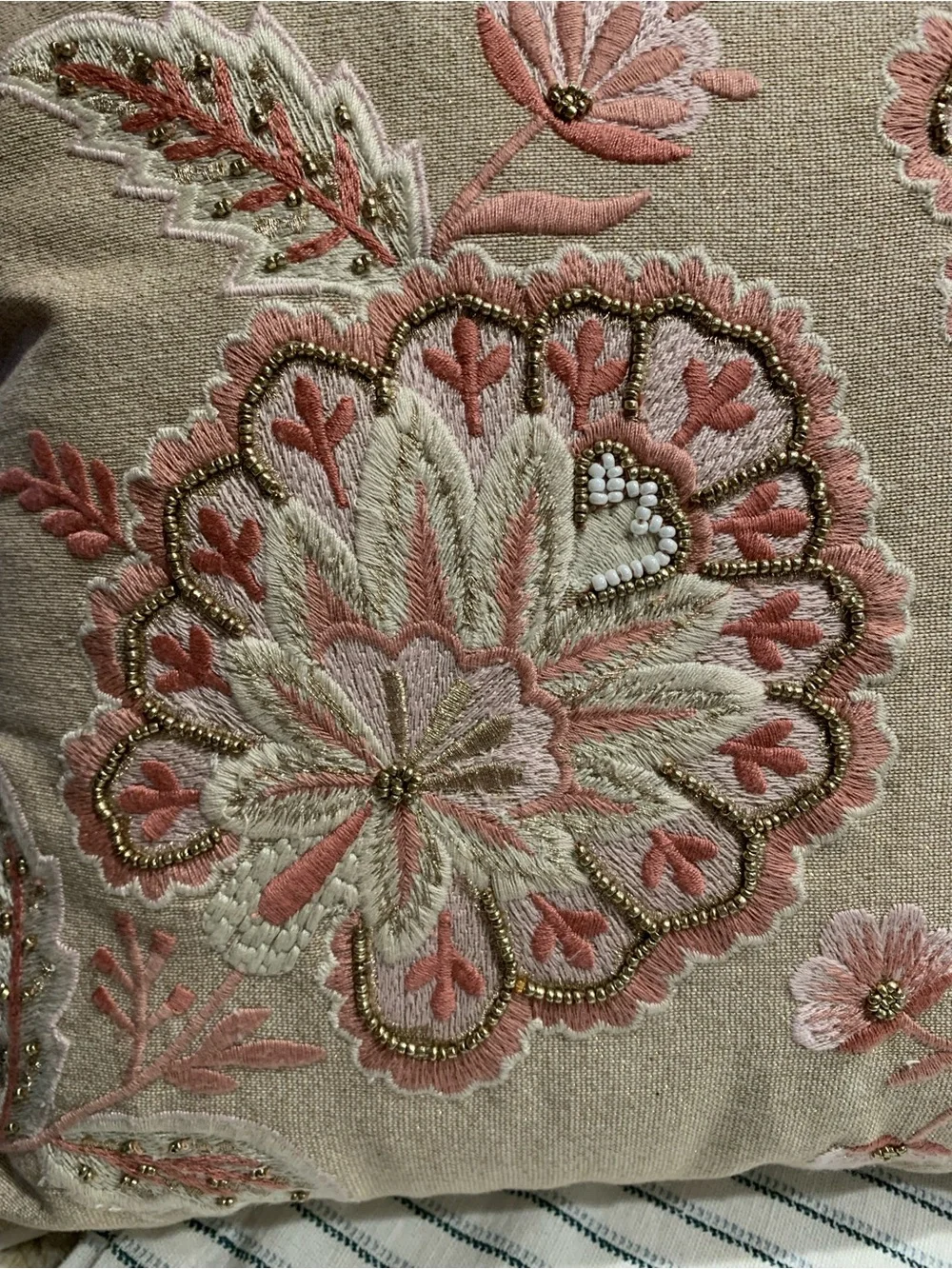 Pier 1 Embroidered Pillow with Pink Floral Accents